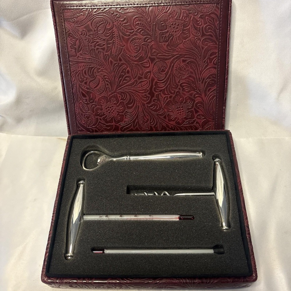 Vintage Luxury Brand "Wolf Designs 1894" Red Leather Case w/4 Piece Barware Rare